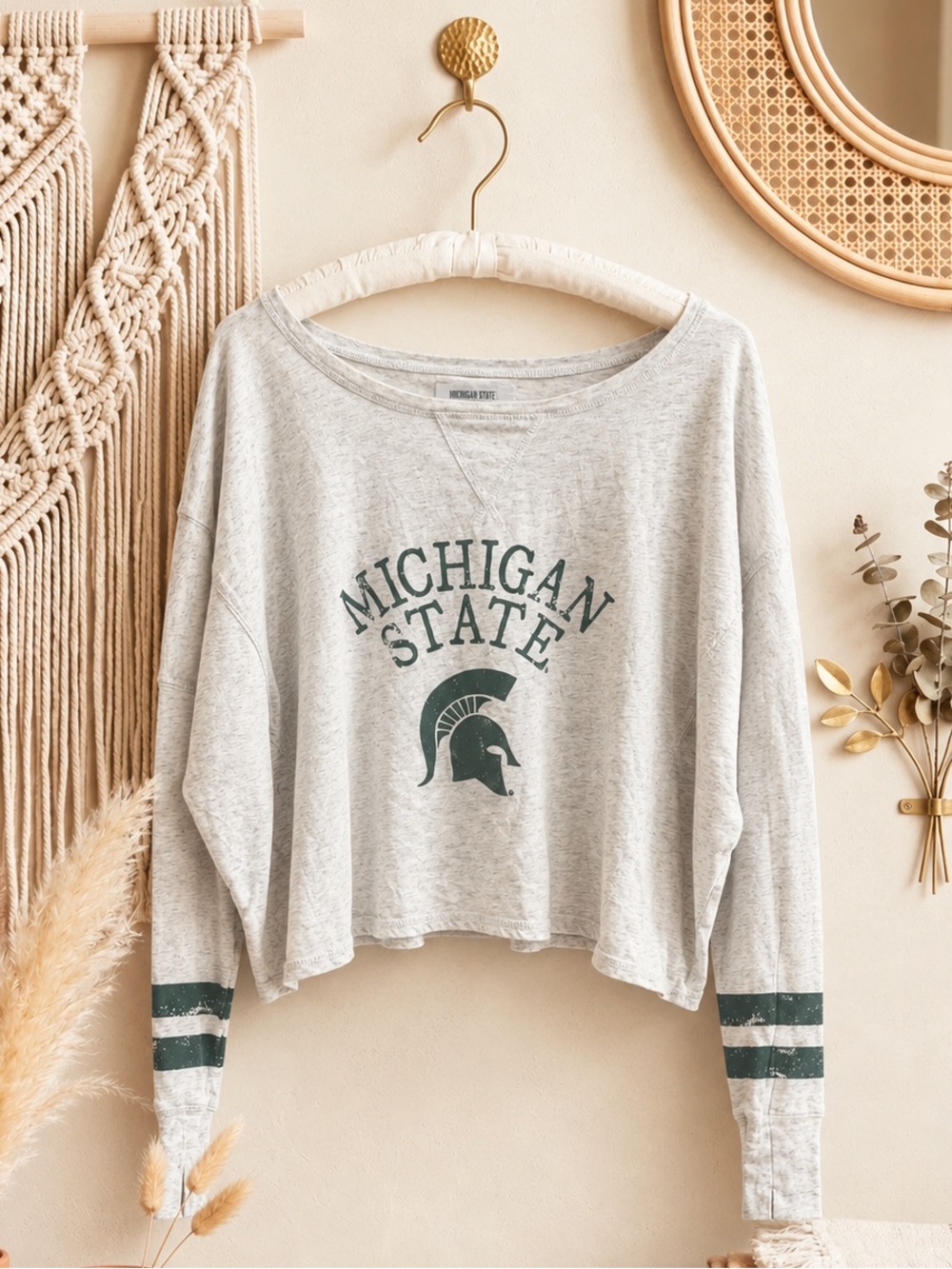 Rivalry Threads Michigan State Gray Cropped Crewneck with Dark Green Graphic